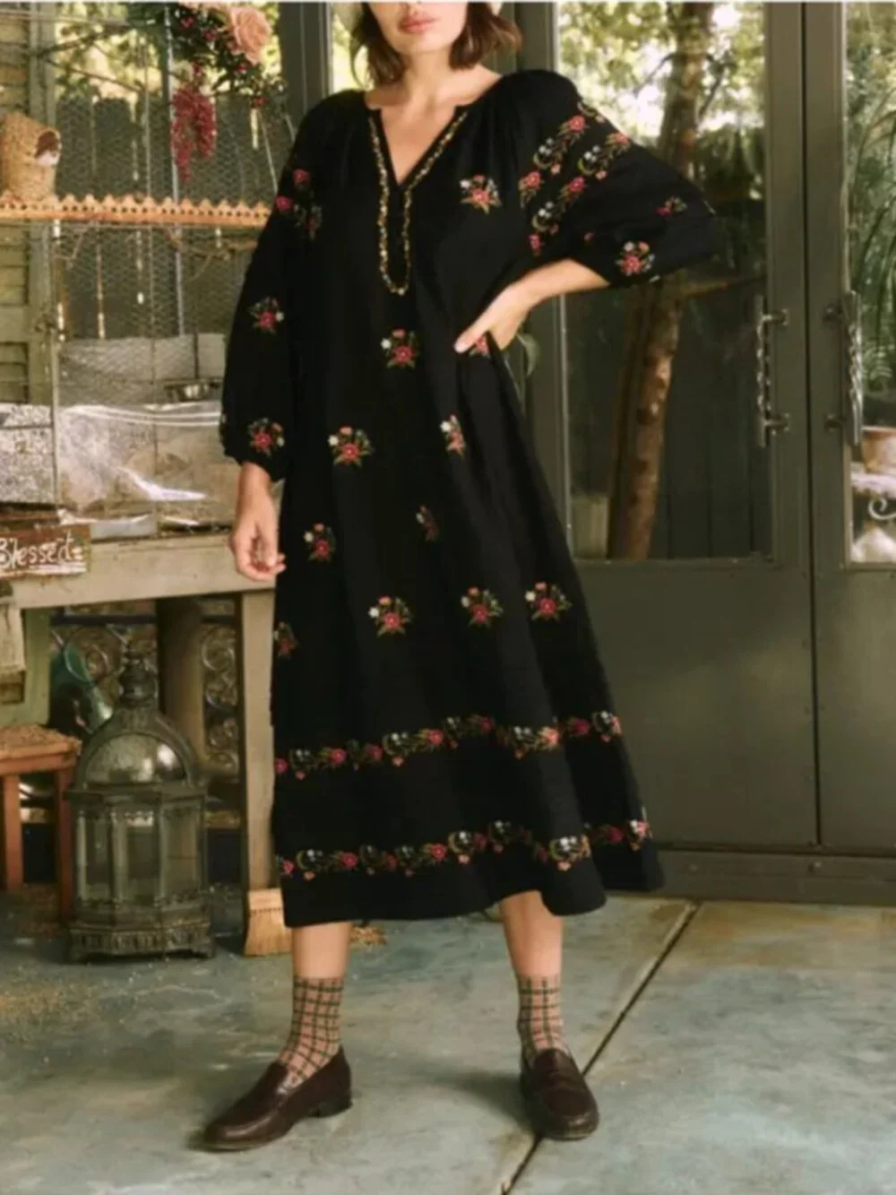 The GREAT Prairieland Floral Embroidered Midi Dress in Black - Picture 1 of 7